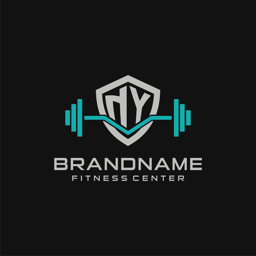 creativo lettera NY logo design per Palestra o fitness con semplice scudo e manubrio design stile vettore