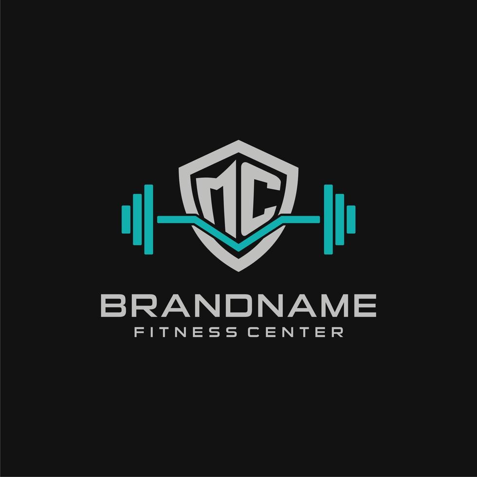 creativo lettera mc logo design per Palestra o fitness con semplice scudo e manubrio design stile vettore