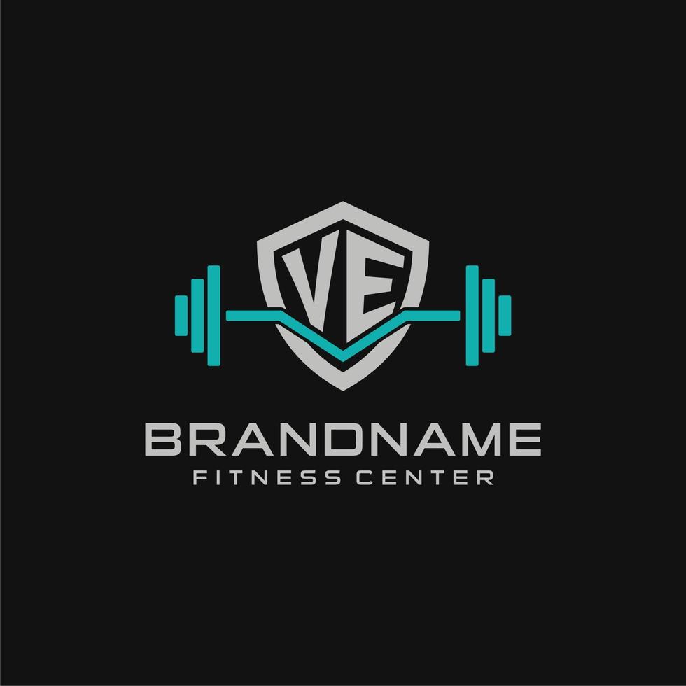 creativo lettera ve logo design per Palestra o fitness con semplice scudo e manubrio design stile vettore