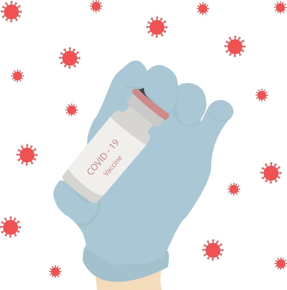 la mano di un medico in un guanto chirurgico con una bottiglia di vaccino contro il virus corona covid-19. illustrazione vettoriale di concetto.