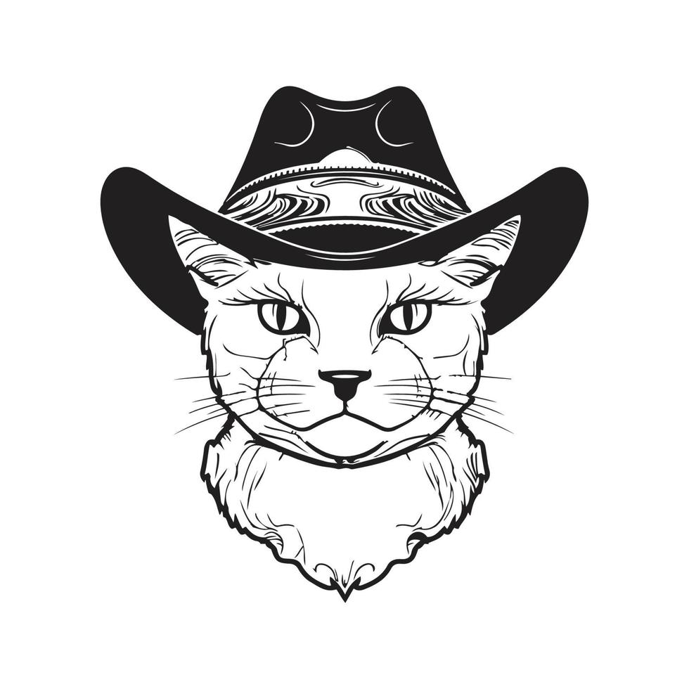 gatto nel cowboy cappello portafortuna logo ,mano disegnato illustrazione vettore
