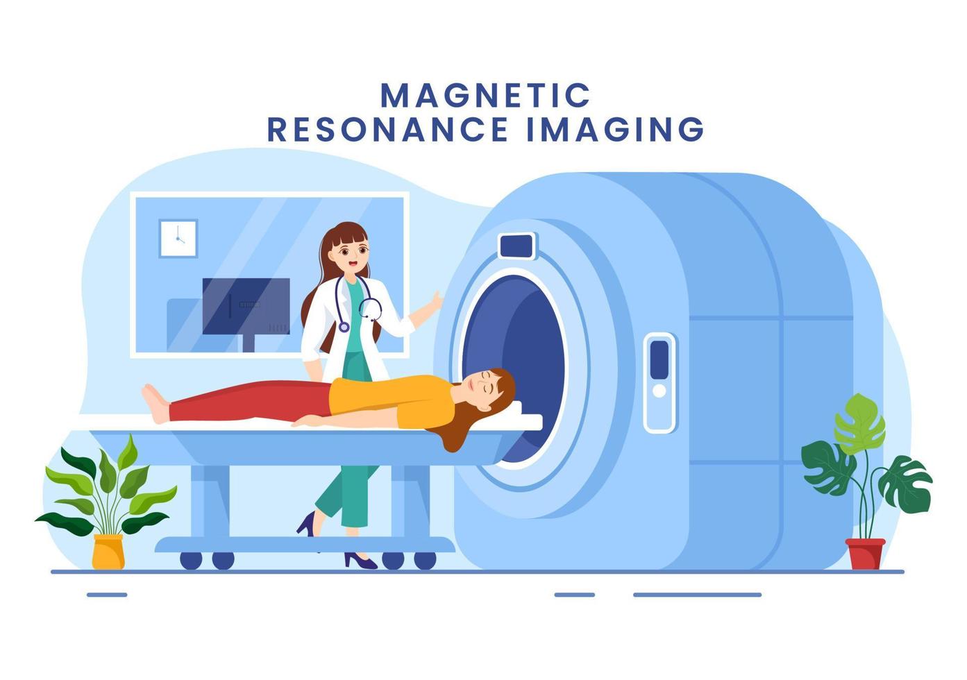 mri o magnetico risonanza l'imaging illustrazione con medico e paziente su medico visita medica e ct scansione nel piatto cartone animato mano disegnato modelli vettore