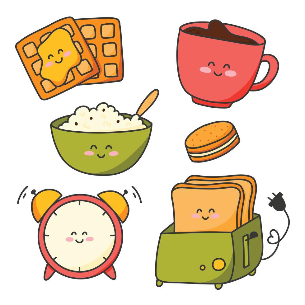 impostato di bene mattina elementi nel kawaii stile. vettore illustrazione. collezione di cibo per prima colazione nel cartone animato stile.