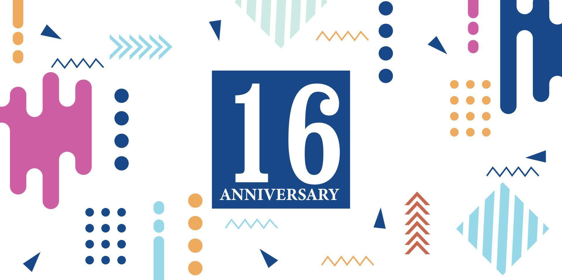 16 anni anniversario celebrazione logotipo bianca numeri font nel blu forma con colorato astratto design su bianca sfondo vettore illustrazione