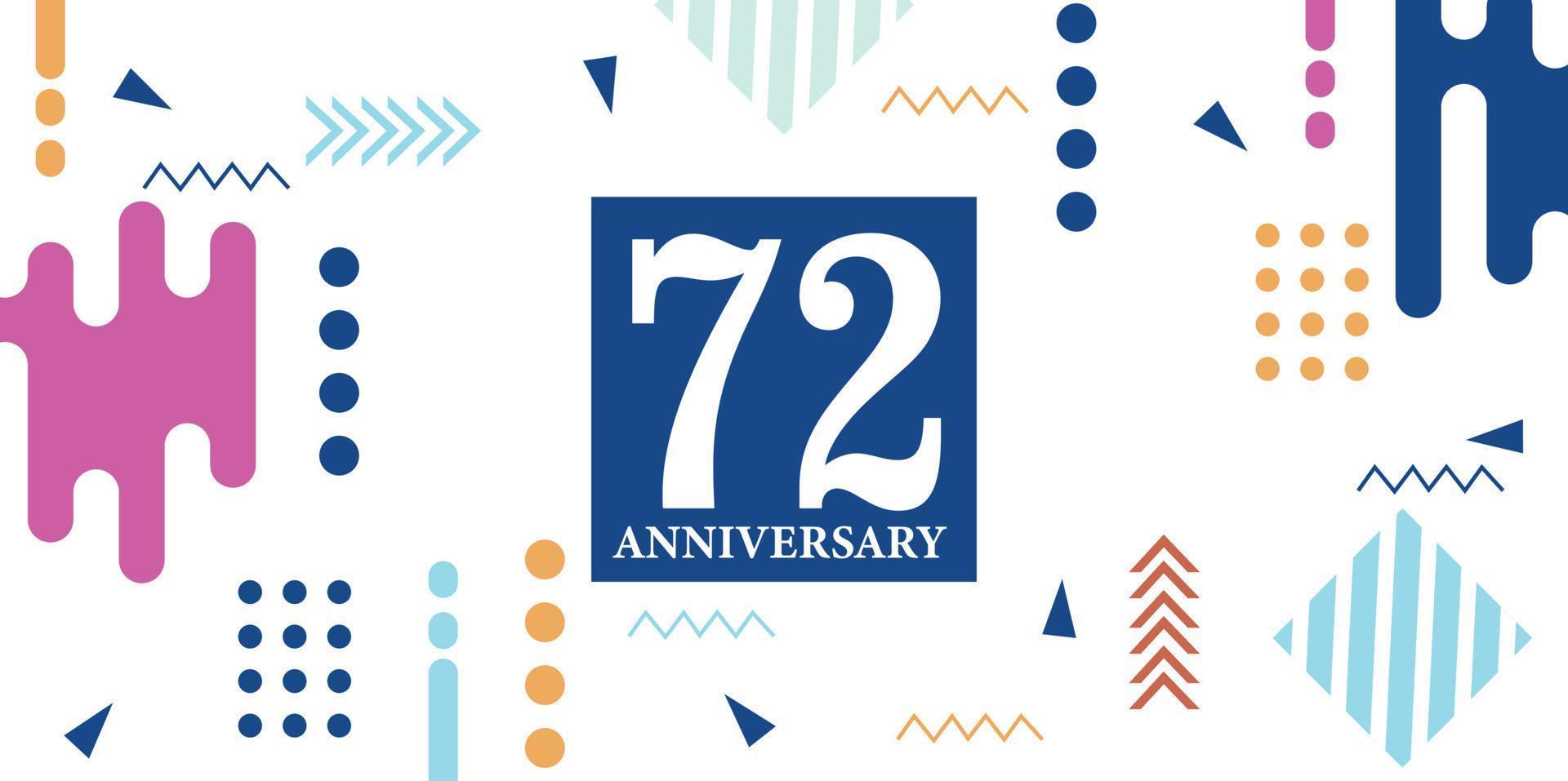 72 anni anniversario celebrazione logotipo bianca numeri font nel blu forma con colorato astratto design su bianca sfondo vettore illustrazione