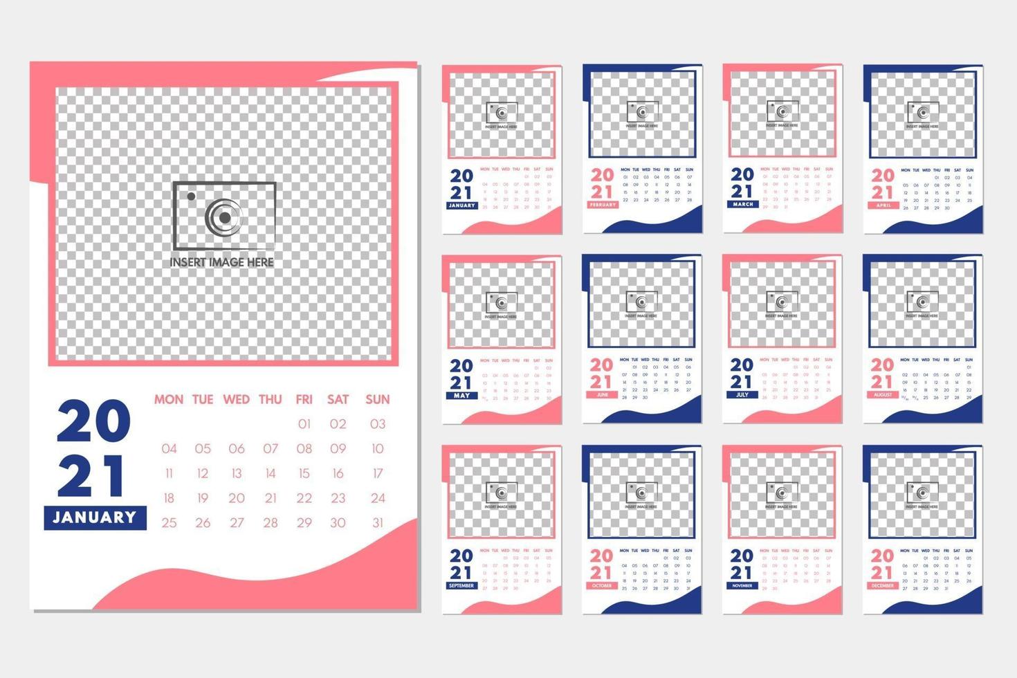 layout del calendario astratto per il modello di progettazione del calendario 2021. la settimana inizia la domenica. calendario a pagina singola 2021 design vettore