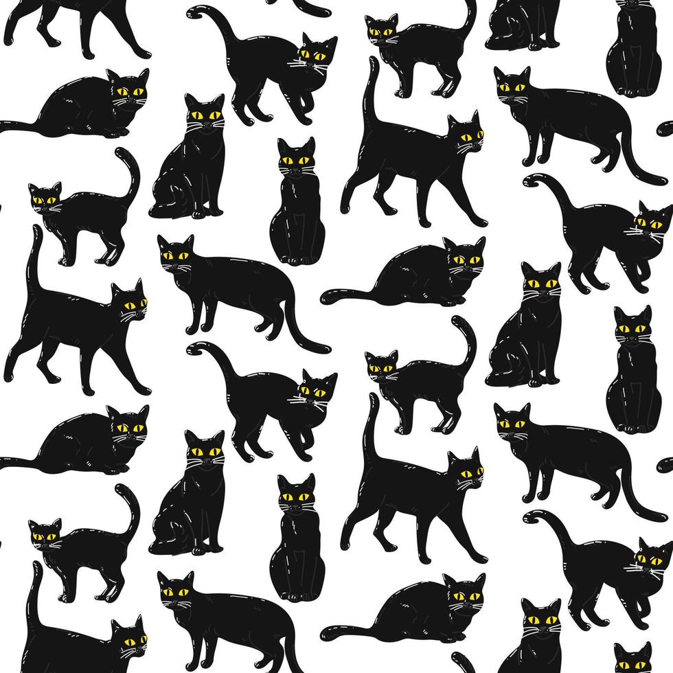senza soluzione di continuità modello con un' Halloween nero gatto con giallo occhi. un' piatto cartone animato gatto nel retrò stile è seduta, in piedi. un arrabbiato, insoddisfatto, accigliato animale. colore vettore illustrazione