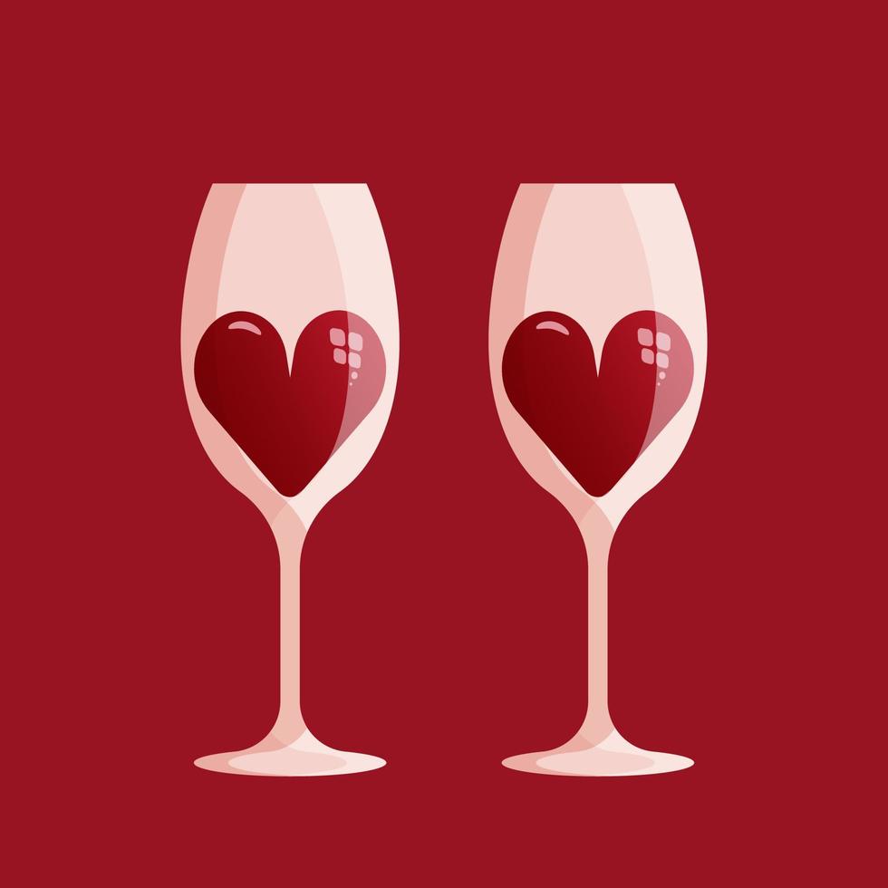 Due vino bicchieri con cuori. Due grande rosso cuori nel Due vino occhiali. san valentino giorno concetto. vettore illustrazione