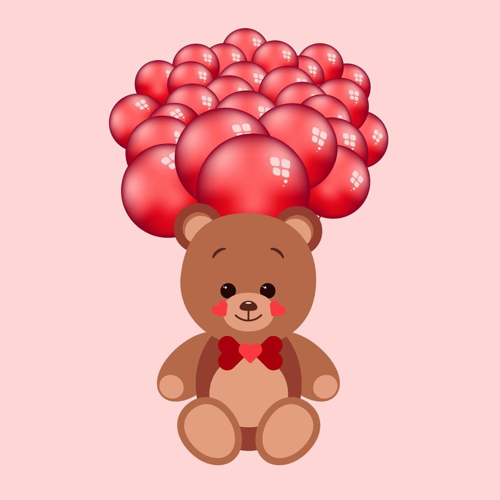 carino orsacchiotto con un' arco cravatta e rosso palle seduta su rosa sfondo vettore
