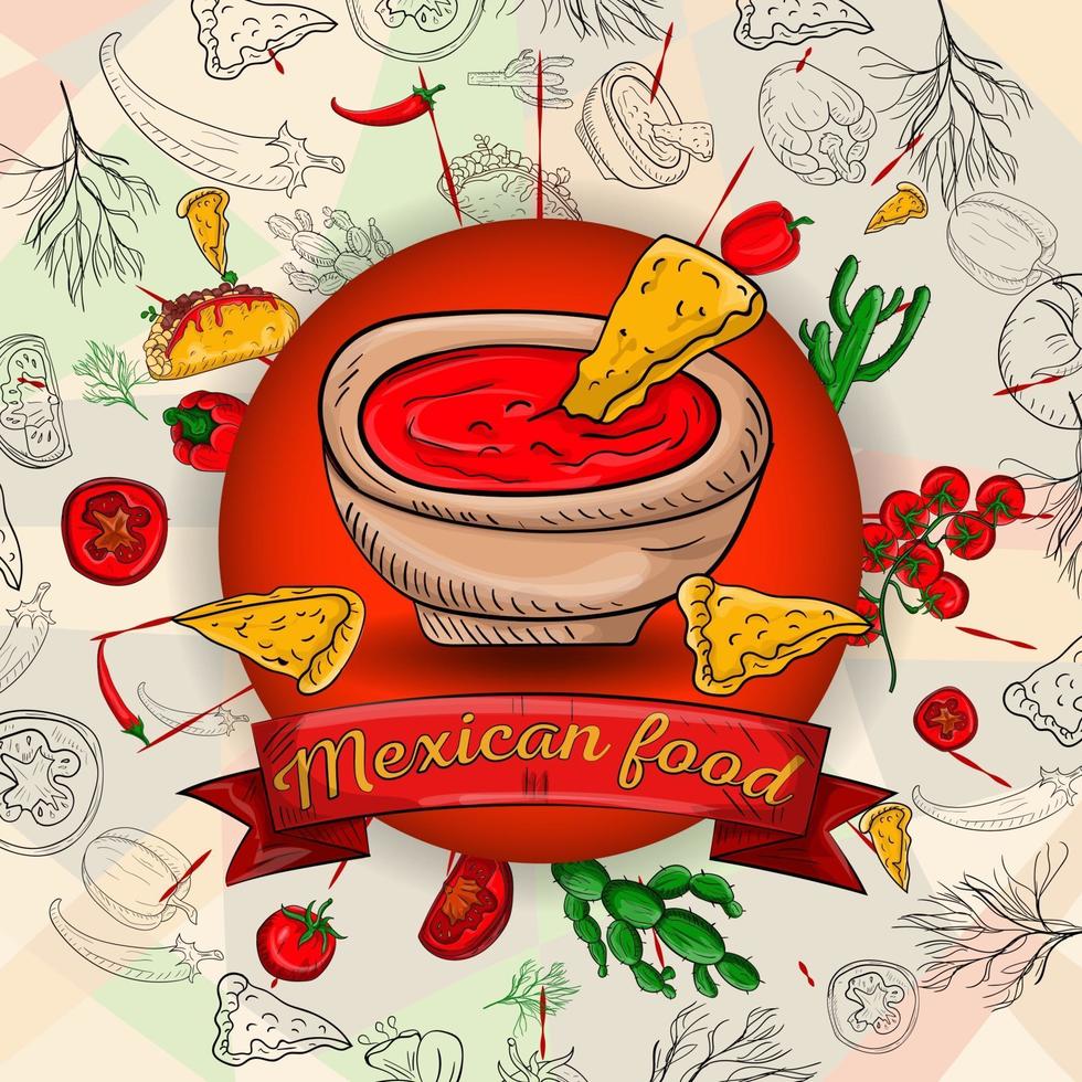 illustrazione 1 di prodotti di cucina messicana in un ornamento circolare di contorni e design di ingredienti colorati per sfondi e adesivi vettore