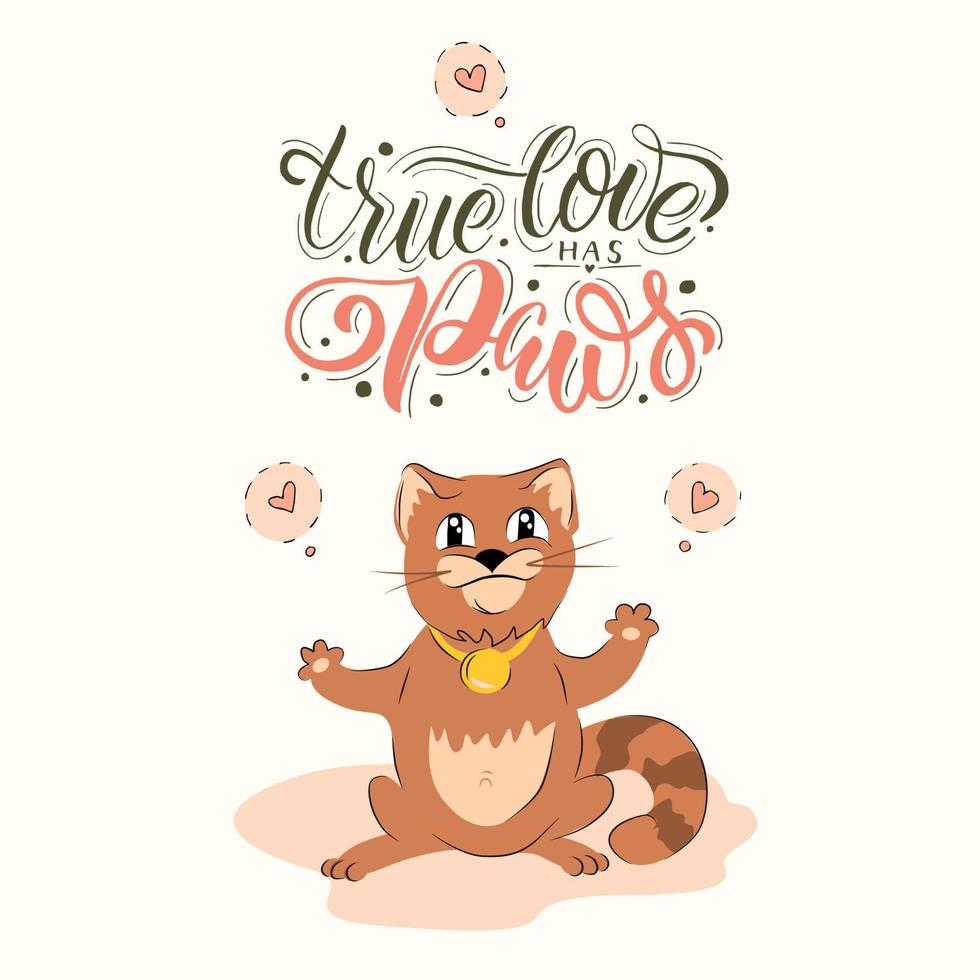 carino cartone animato gatto personaggio con cuori. accogliente manifesto con dolci. lettering per rispetto il tuo gatto giorno. contento animale domestico giorno celebrazione distintivo, etichetta, icona. contento miagolare anno per gatti giorno. vettore illustrazione.