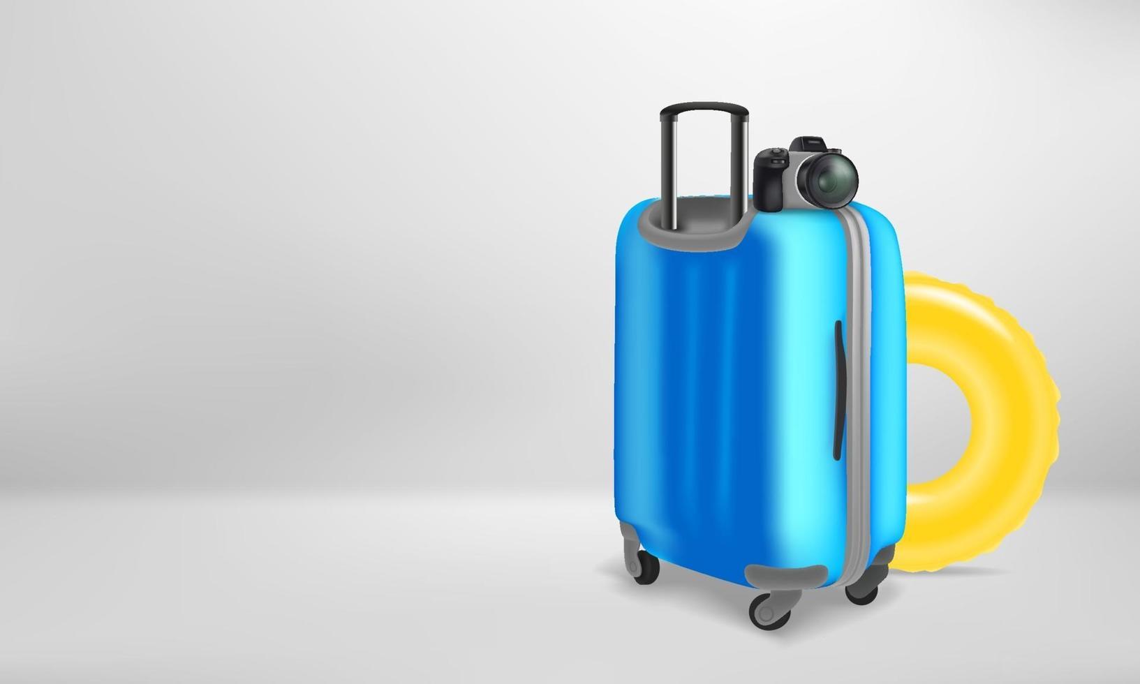 concetto di vacanza con valigia di plastica e accessori da viaggio vettore
