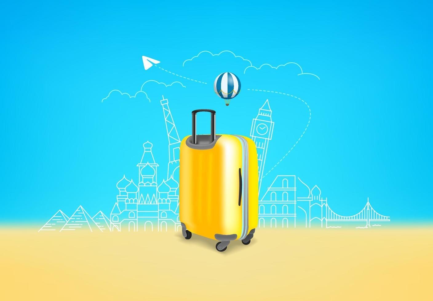 valigia gialla fotorealistica con diversi luoghi famosi di viaggio vettore