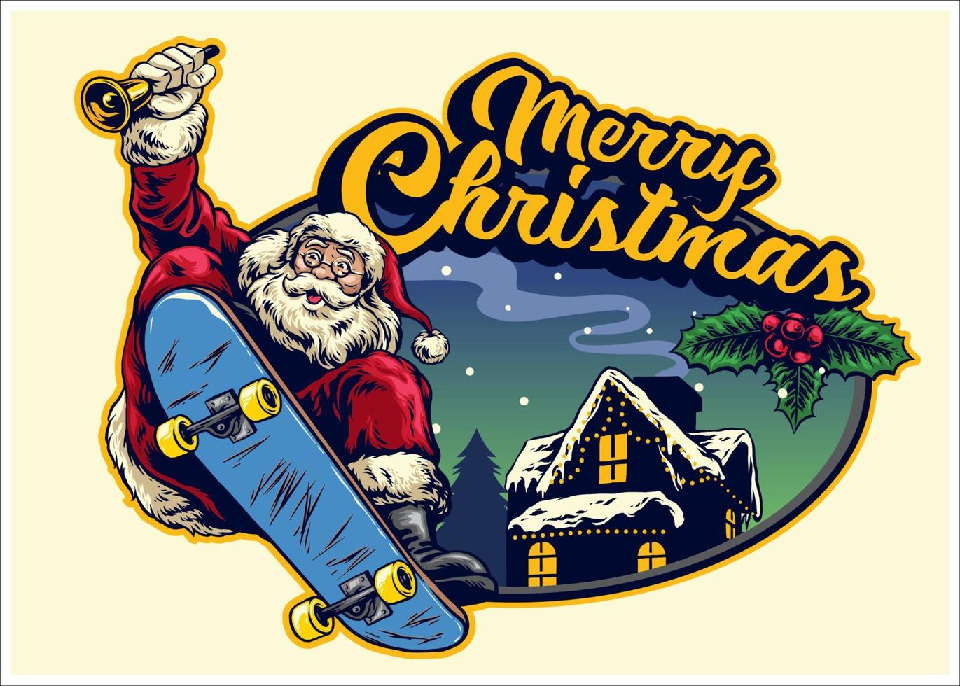 Santa Claus cavalcata skateboard con Natale saluto vettore