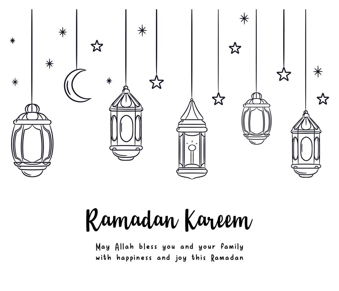 vettore illustrazione di islamico lampade, stelle, Luna, e parole 'Ramadan kareem' quello si intende generoso Ramadan. adatto per manifesto, striscione, invito carta, libro coperchio, presentazione, regalo disegno, eccetera