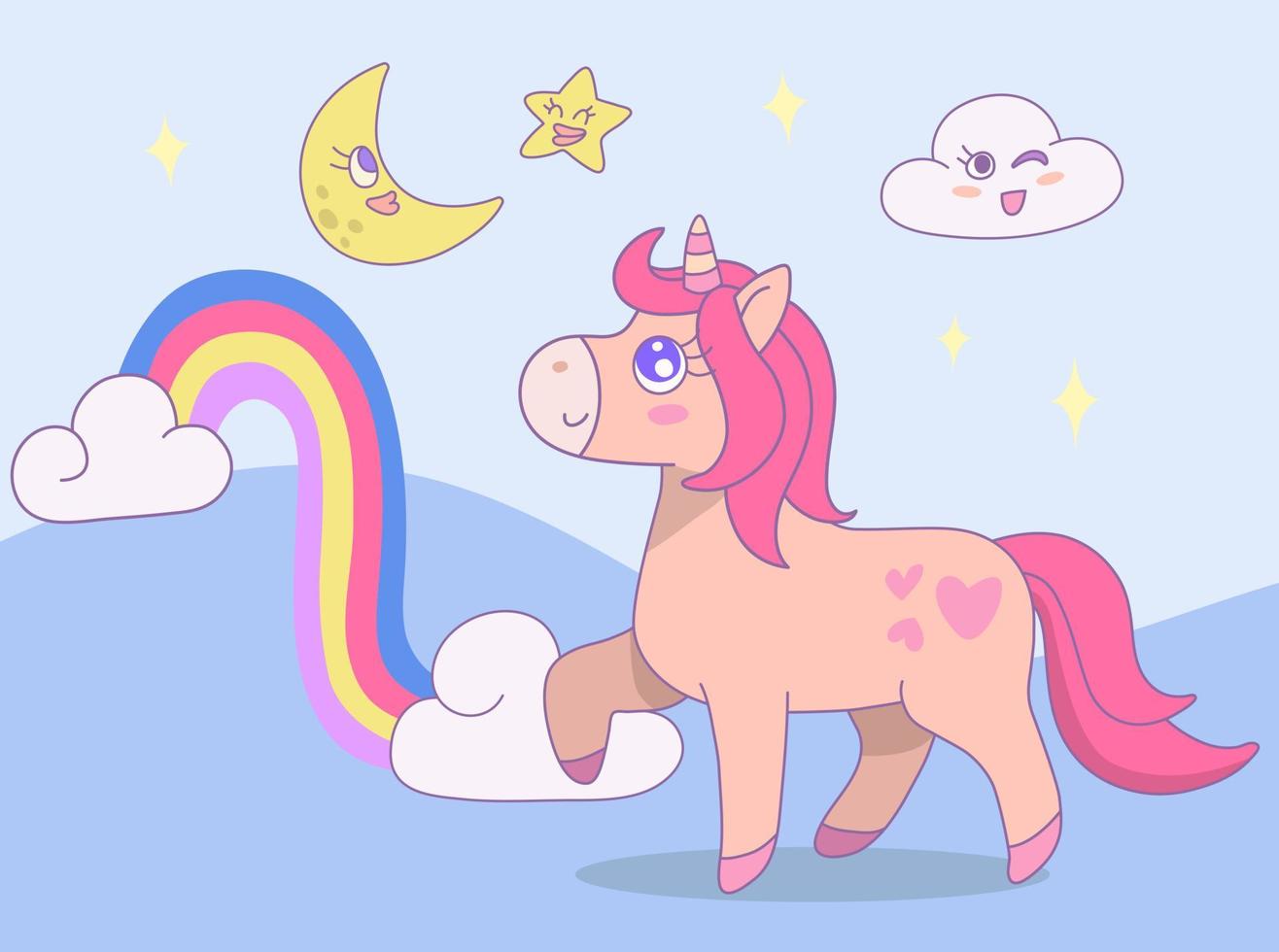 carino unicorno a piedi su nuvole con arcobaleno e Luna, stella nel il cielo. vettore design illustrazione.