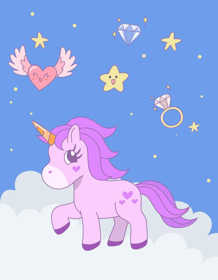 carino unicorno in piedi su il nube con stella nel il cielo. vettore design illustrazione.