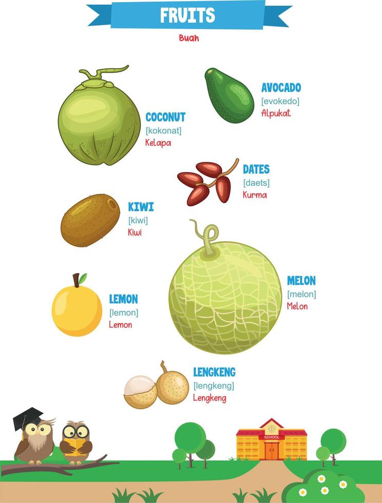 apprendimento nomi di frutta per bambini con carino immagini vettore