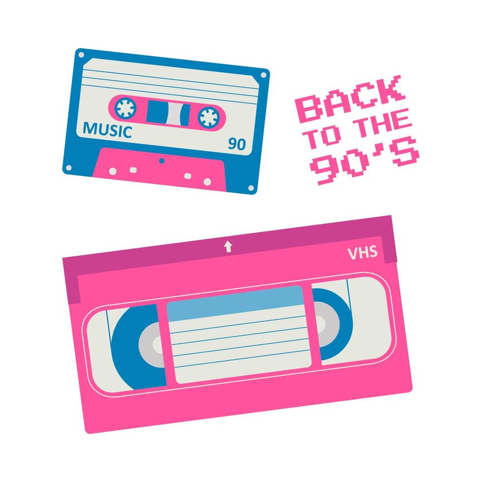 retrò Audio e video cassette, indietro per il anni 90 frase. cartone animato vettore illustrazione.