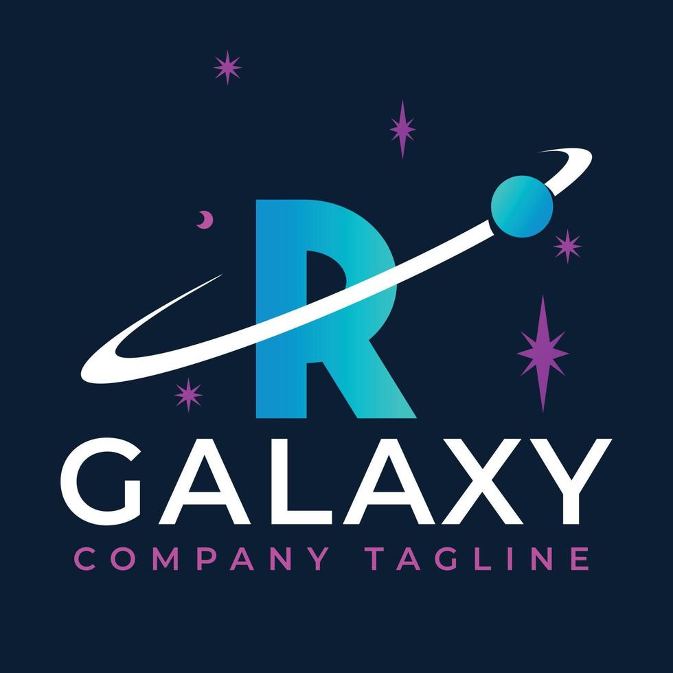 galassia modello su r lettera. pianeta logo design concetto vettore