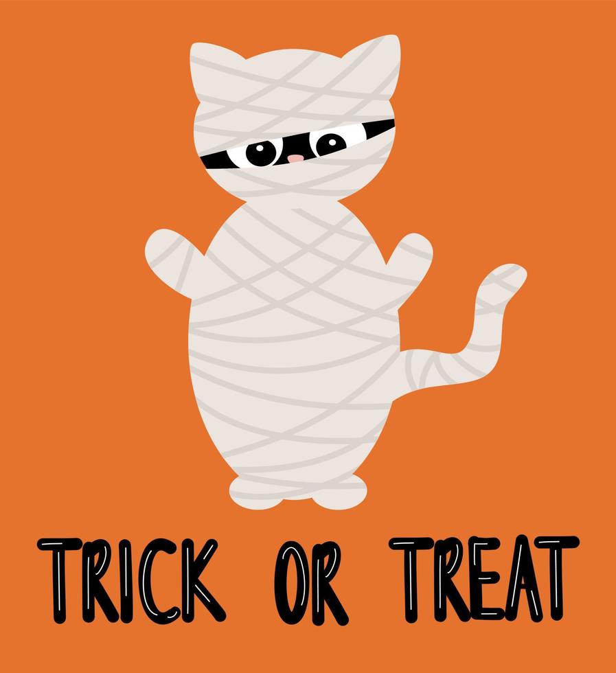 carino Halloween mano disegnato lettering trucco o trattare testo con cartone animato personaggio mummia gatto vettore