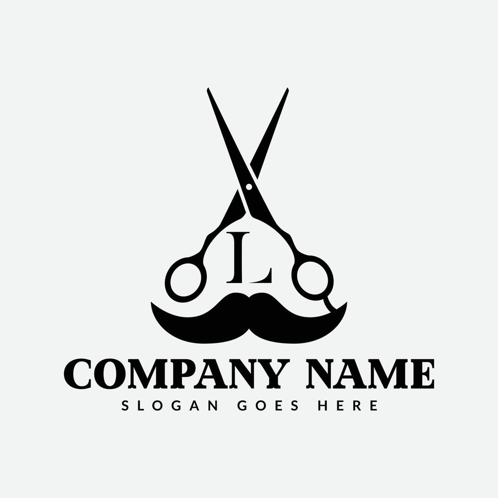 salone e capelli taglio logo su lettera l cartello. barbiere negozio icona con logotipo concetto vettore
