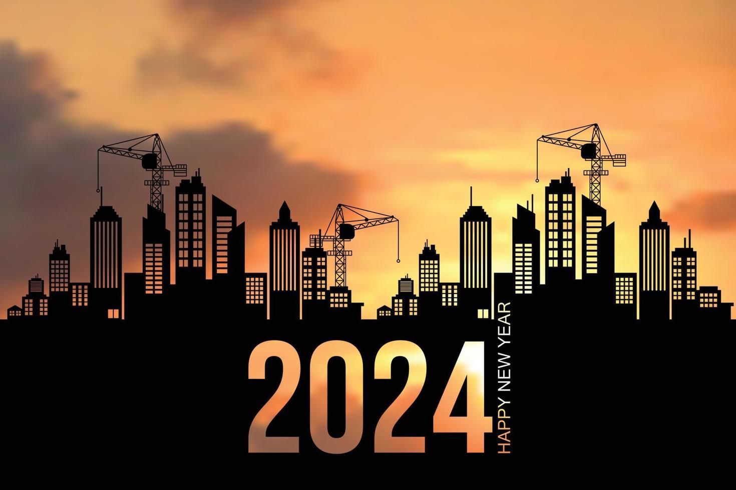 nero silhouette di costruzione con gru e luminosa mattina cielo. per preparare per benvenuto il anno 2024, contento nuovo anno, mutevole nuovo iniziative. vettore illustrazione isolato su il sfondo.