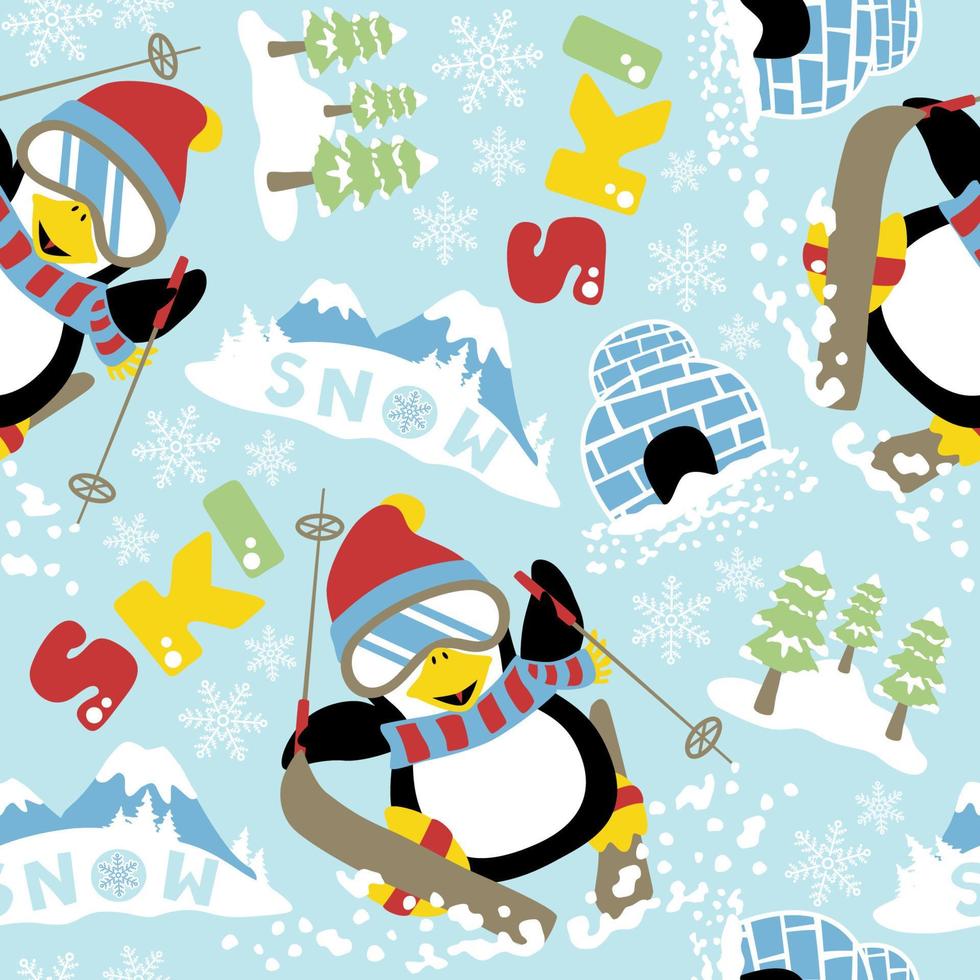 senza soluzione di continuità modello vettore di cartone animato divertente pinguino sciare, inverno elementi