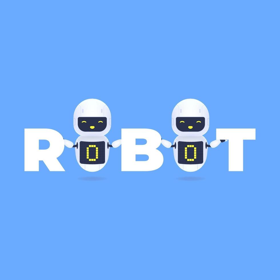 due personaggi robot bianchi amichevoli in piedi tra le lettere del robot. vettore