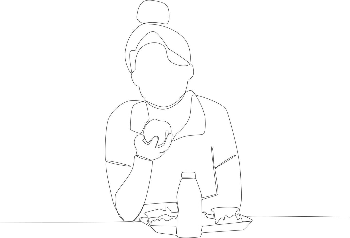 un' ragazza godendo sua pranzo uno linea disegno vettore