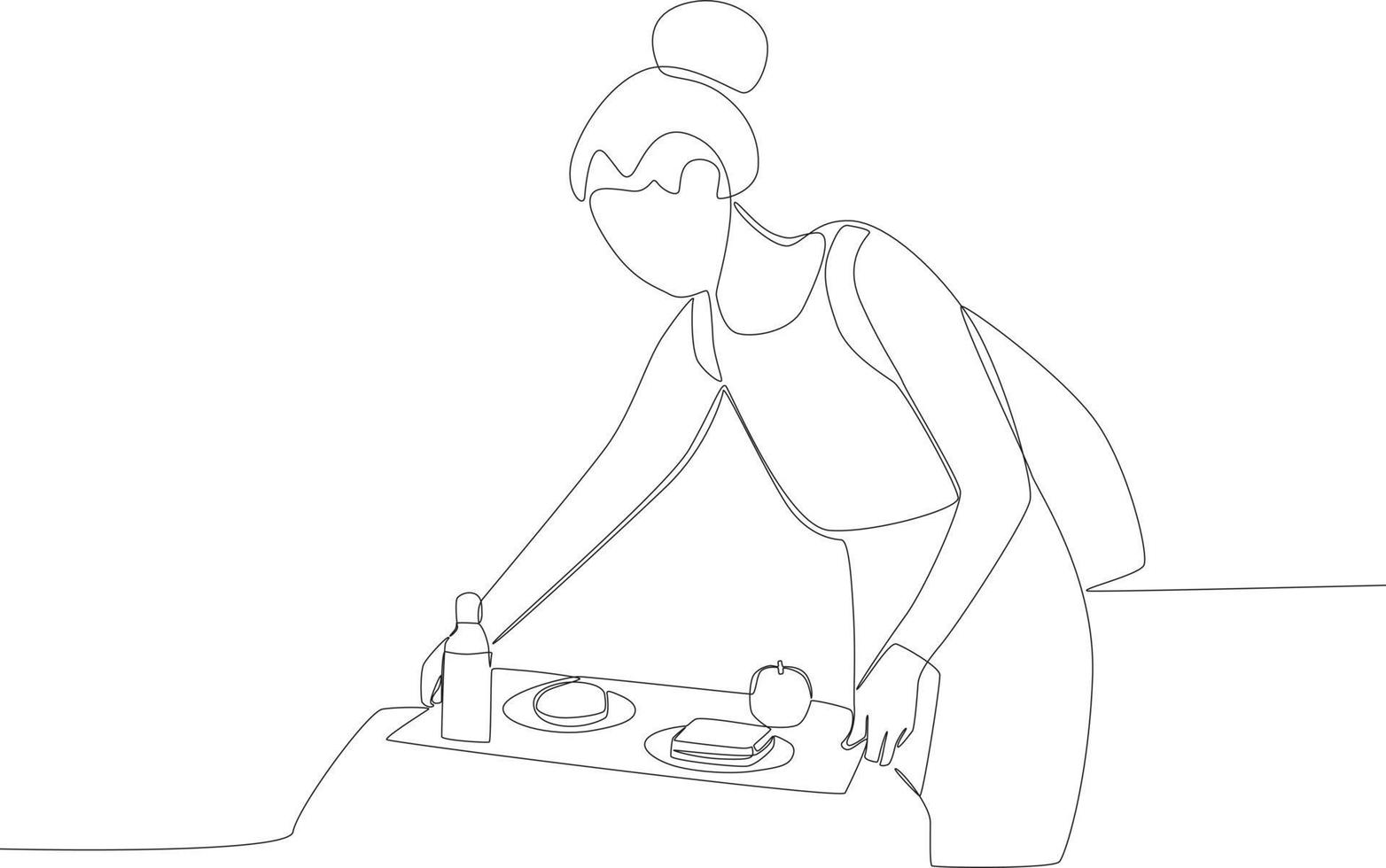 un' donna preparazione prima colazione a scuola uno linea disegno vettore