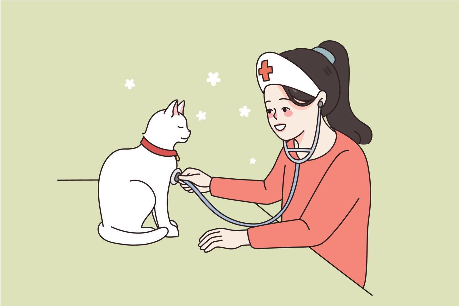 poco cura ragazza bambino vestito come veterinario medico ascolta con stetoscopio per gatti cuore. sorridente piccolo ragazzo giocare atto come veterinario infermiera Aiuto gattino. futuro professione, animale domestico amante. vettore illustrazione.