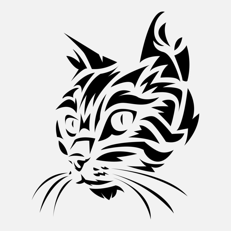 nero e bianca ritratto di gatto viso con tribale tatuaggio stile. isolato bianca sfondo. piatto vettore illustrazione.