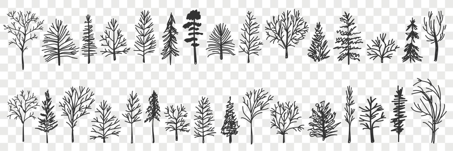 sagome di alberi modello scarabocchio impostare. collezione di mano disegnato vario nero alberi sagome nel foreste o parchi naturale modello isolato su trasparente sfondo vettore
