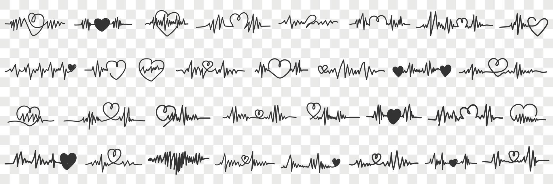 amore cardiogramma collezione scarabocchio impostare. collezione di mano disegnato vario cardiogrammi immagini medico test con amore influenza nel righe isolato su trasparente sfondo vettore