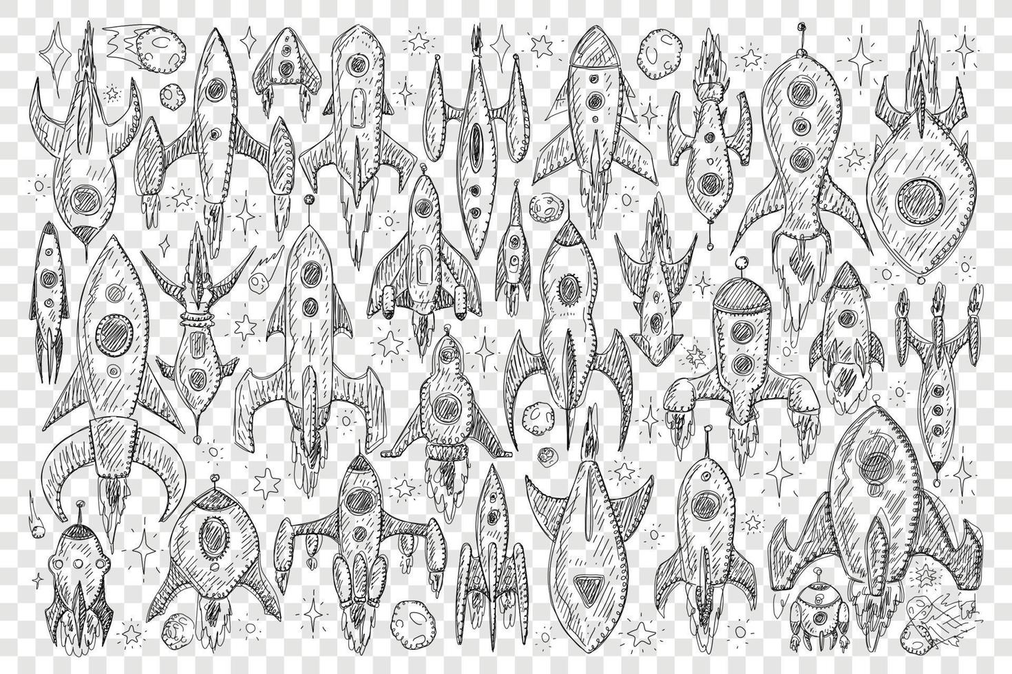 razzi durante volo scarabocchio impostare. collezione di mano disegnato vario razzi astronavi durante volo con motori e Ali isolato su trasparente sfondo vettore