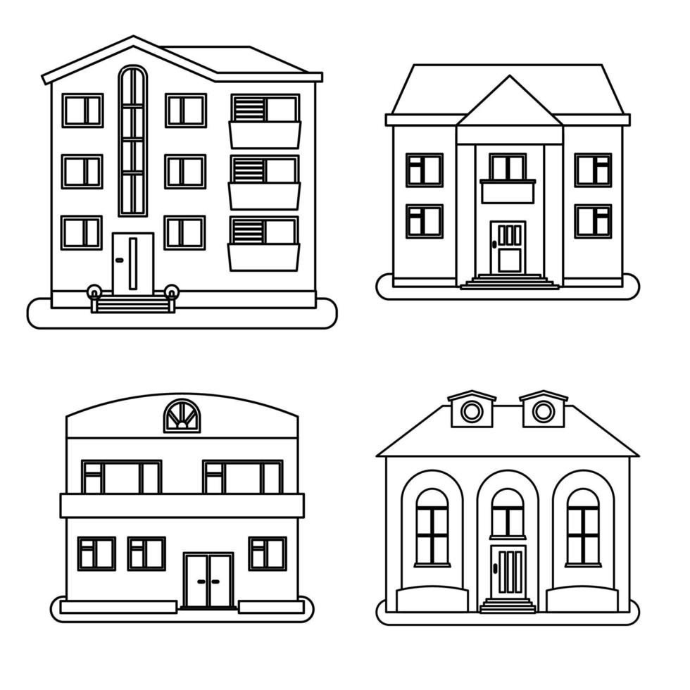 impostato di quattro case nel magro linea stile su bianca sfondo. vettore illustrazione.