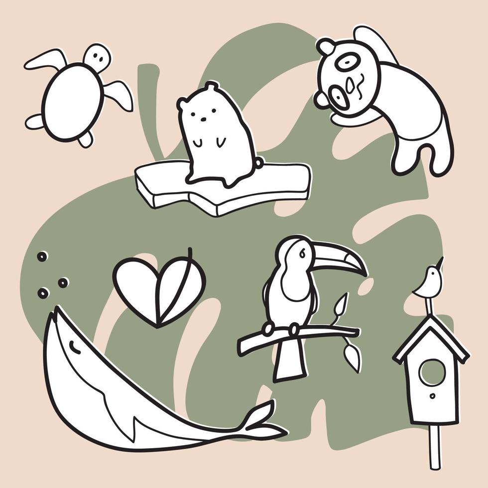 mano disegnato vettore illustrazione di un' impostato di ecologia concetti, disegni, e icone nel scarabocchio stile con animali.