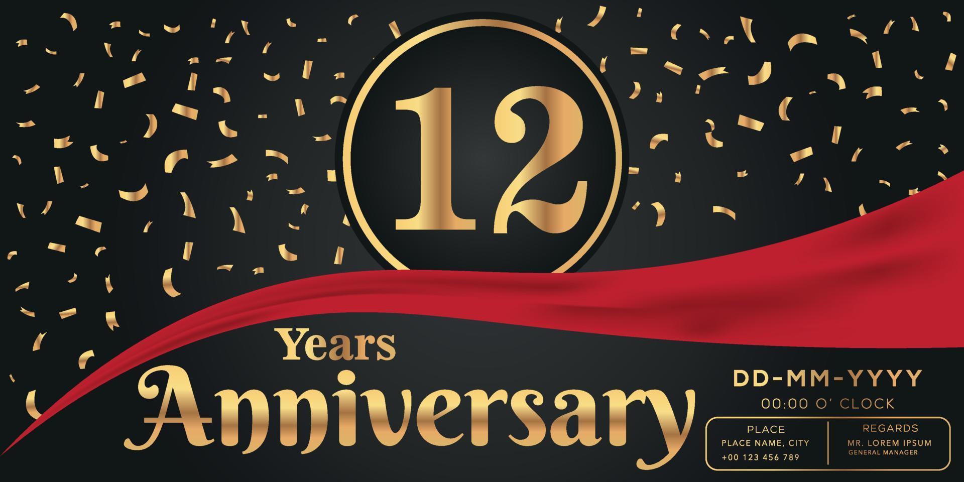 12 ° anni anniversario celebrazione logo su buio sfondo con d'oro numeri e d'oro astratto coriandoli vettore design