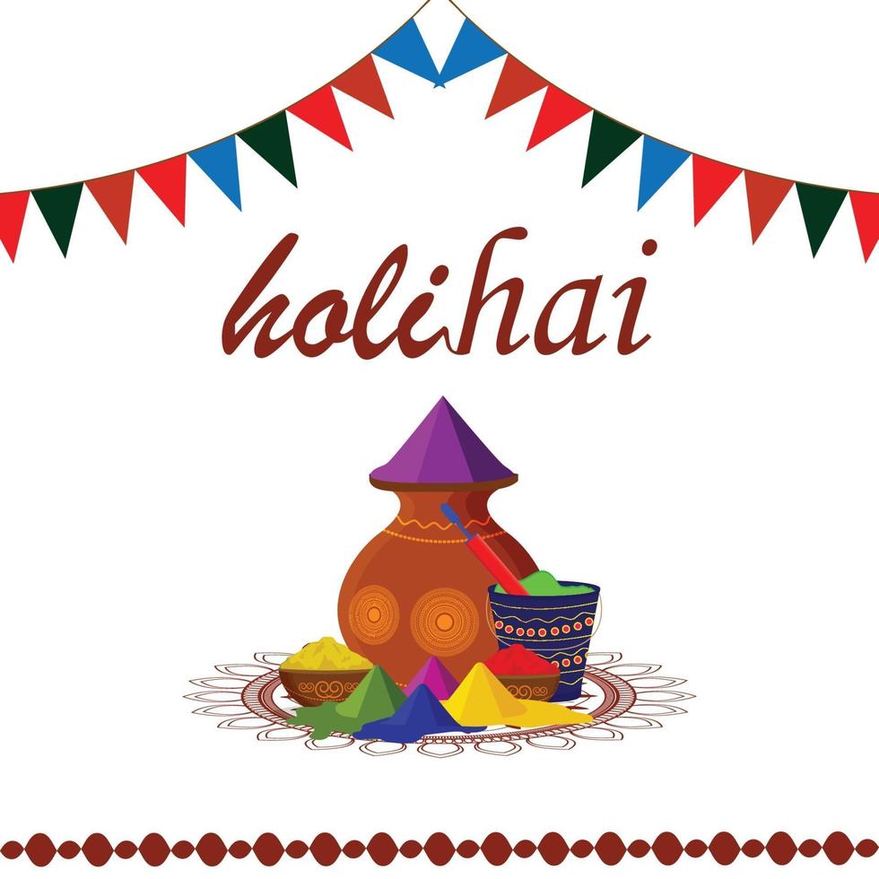 felice festival indiano holi con digitazione di testo hindi con pentola di fango di colore vettore