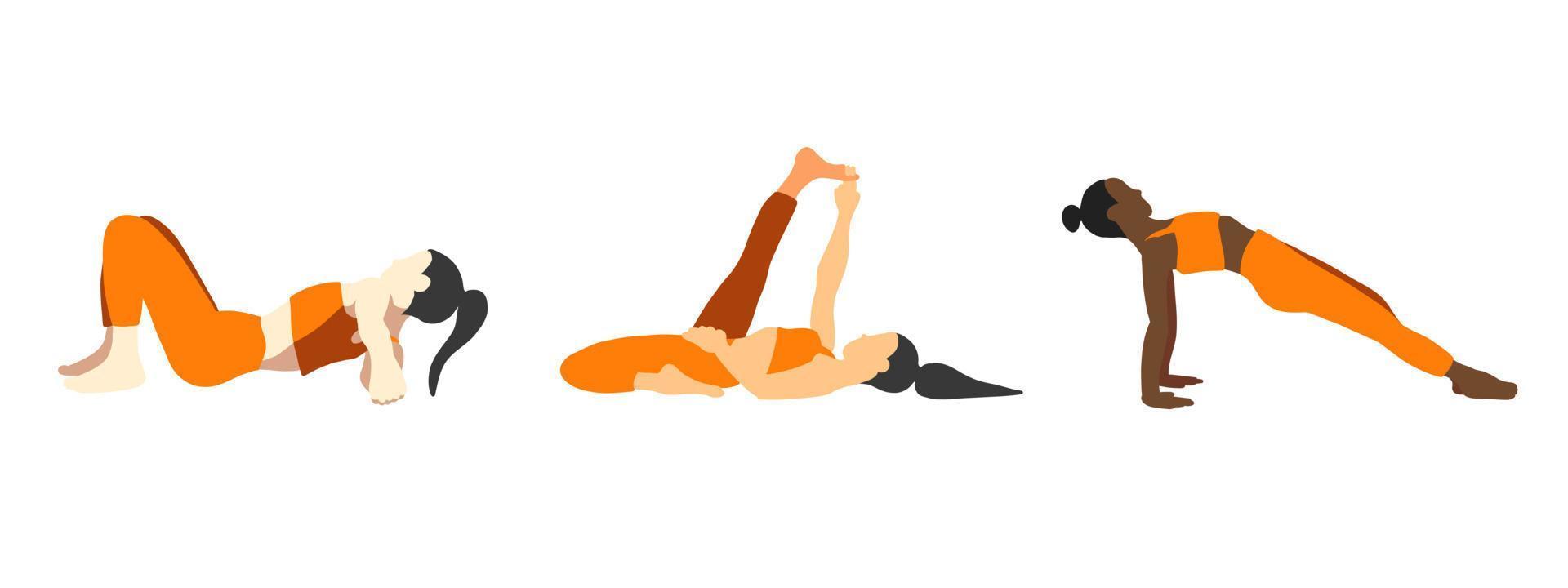 flessibilità yoga pose collezione. europeo, africano, asiatico femmina, signora, donna, ragazza. pilates, mentale Salute, addestramento, palestra. vettore illustrazione nel cartone animato piatto stile isolato su bianca sfondo.