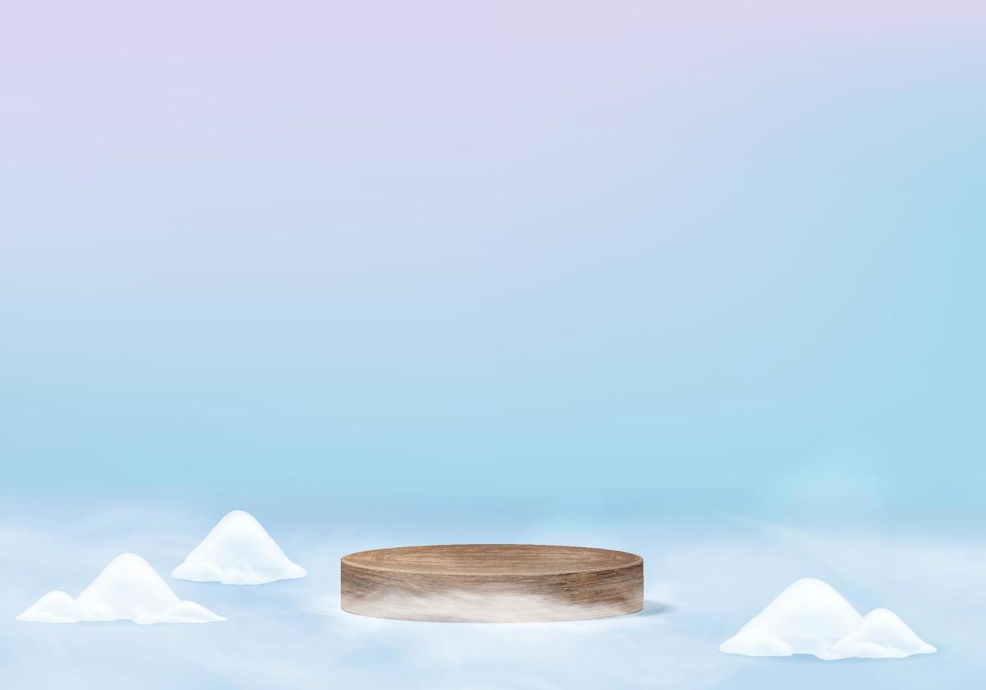 scena minima di neve splendente di natale che cade con piattaforma geometrica. vacanze invernali ghiaccio neve sfondo vettoriale rendering 3D con podio in legno. stand per mostrare i prodotti. vetrina di scena su 3d pastello blu