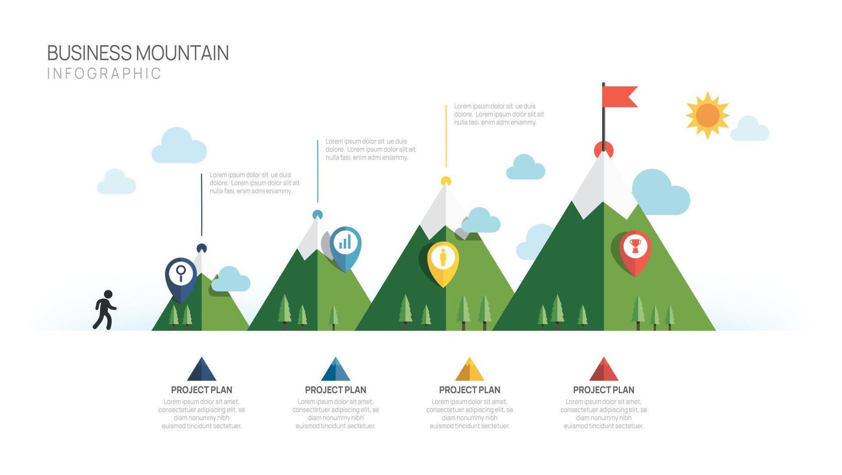 Infografica attività commerciale crescita design modello. attività commerciale montagna concetto con 4 passaggi vettore