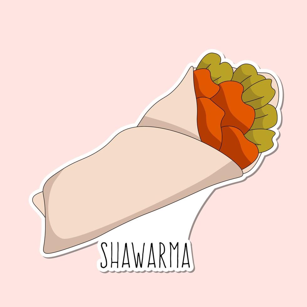 vettore mano disegnato shawarma, kebab etichetta su rosa sfondo