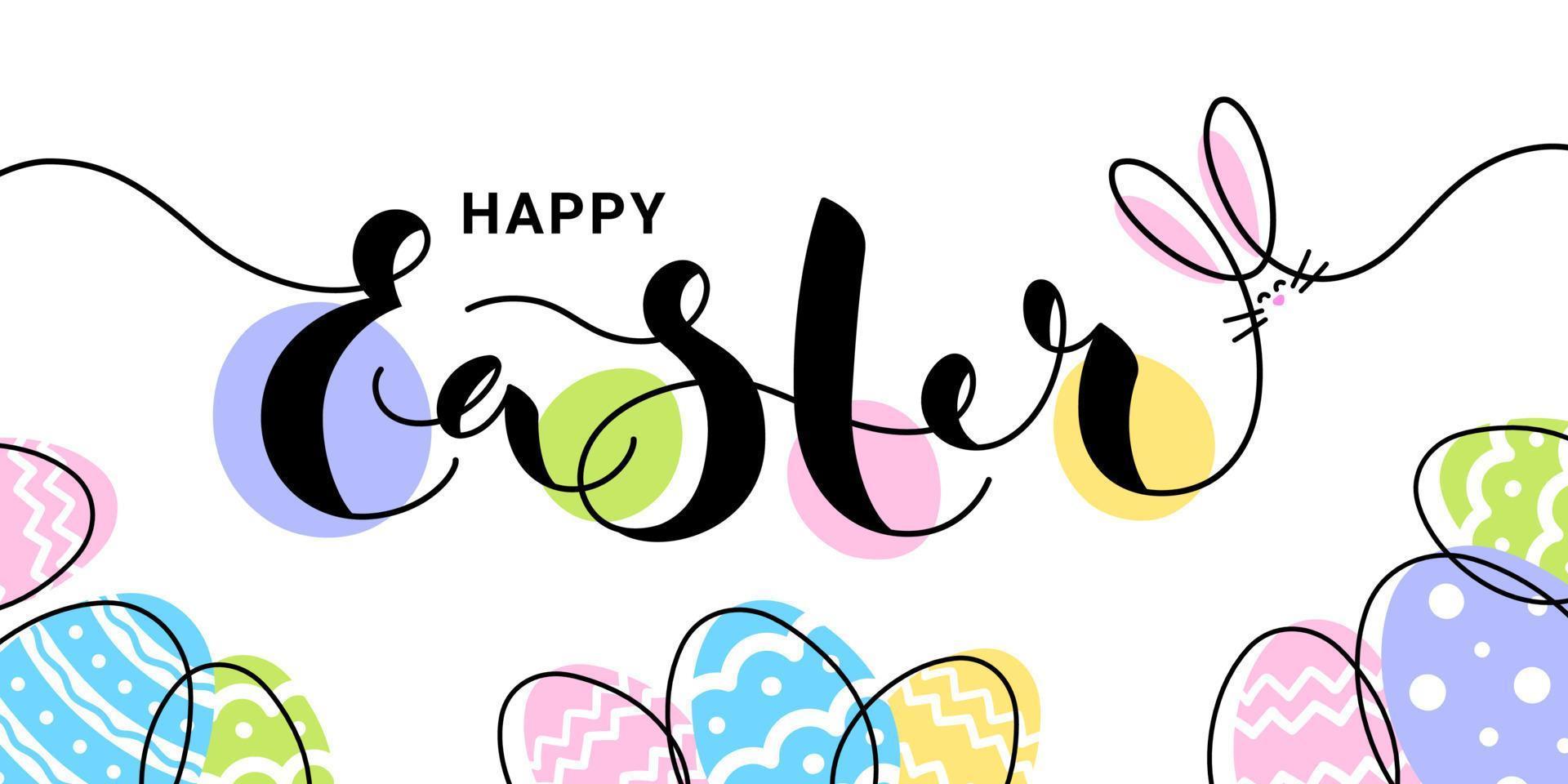 contento Pasqua colorato sfondo con mano disegnato scritte, uova, carino coniglietto. uno linea manifesto, saluto carta. vettore illustrazione.