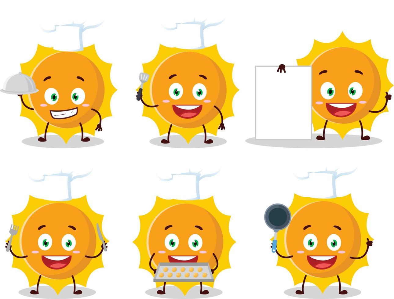 cartone animato personaggio di sole con vario capocuoco emoticon vettore