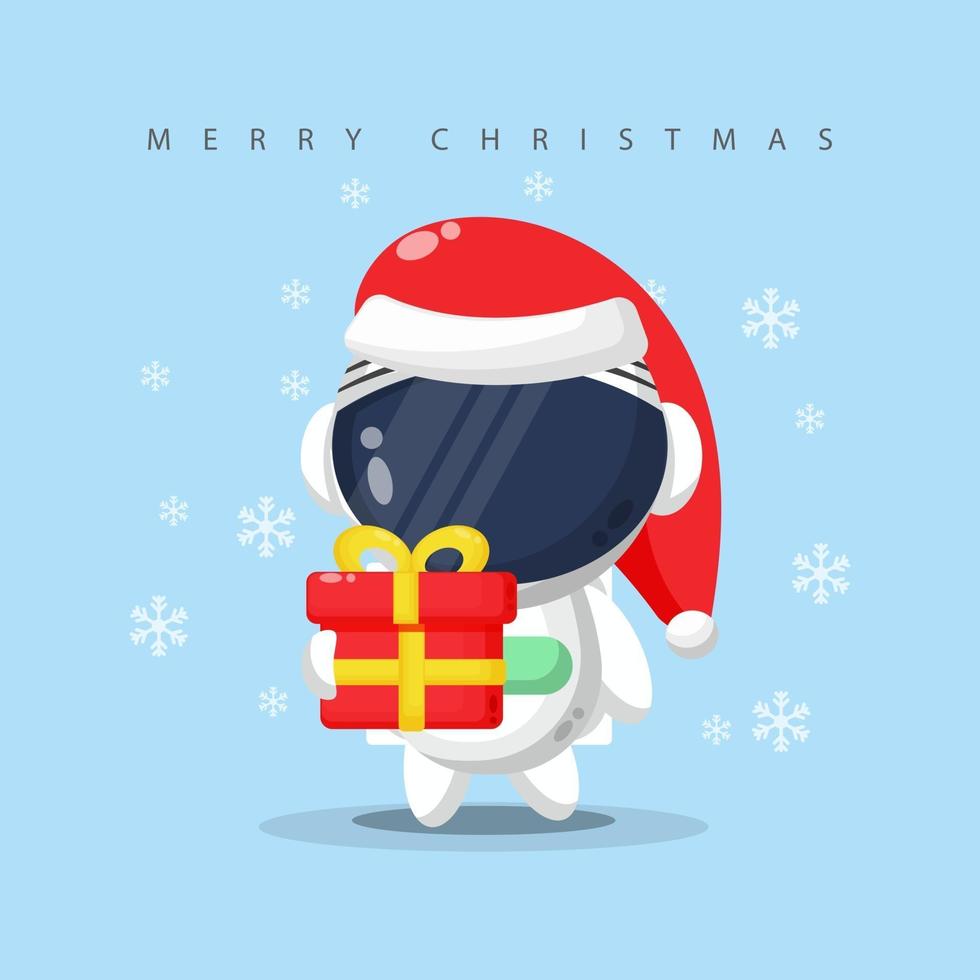 simpatico astronauta che porta una confezione regalo il giorno di Natale vettore