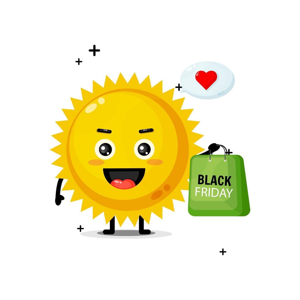 la simpatica mascotte del sole porta una borsa della spesa del venerdì nero vettore