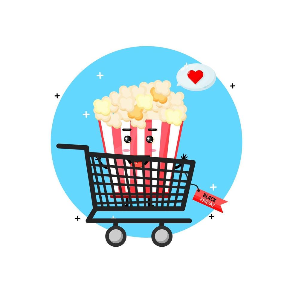 simpatica mascotte di popcorn nel carrello con lo sconto del venerdì nero vettore