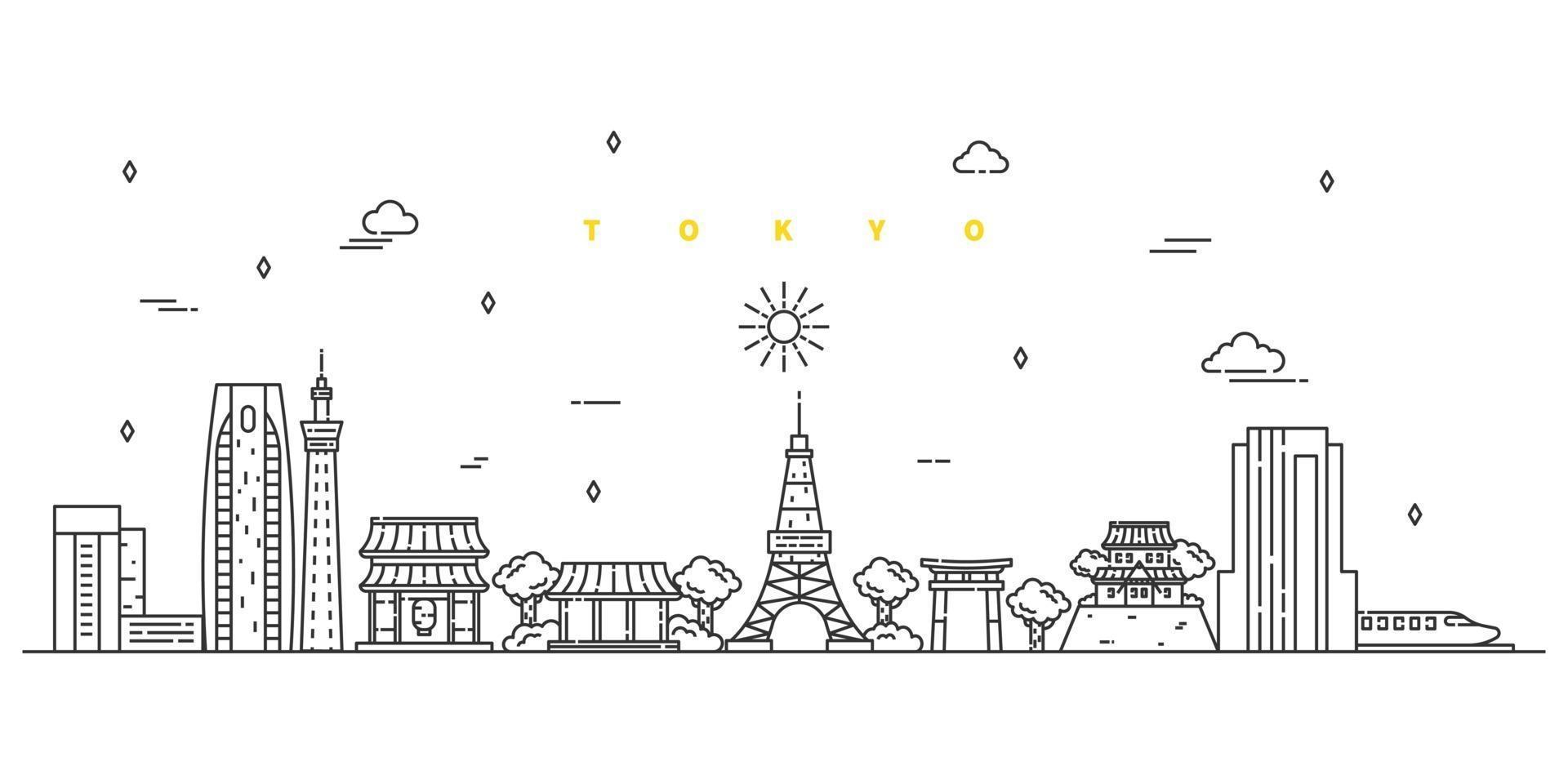 tokyo city. vettore di paesaggio moderno linea piatta. illustrazione di arte al tratto di città con edificio, torre, grattacieli. illustrazione vettoriale.